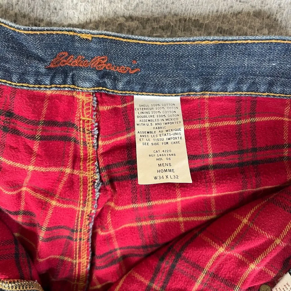 EDDIE BAUER Flannel Lined Jeans Mens 34x32 Blue Relaxed Red Plaid Outdoor Cowboy